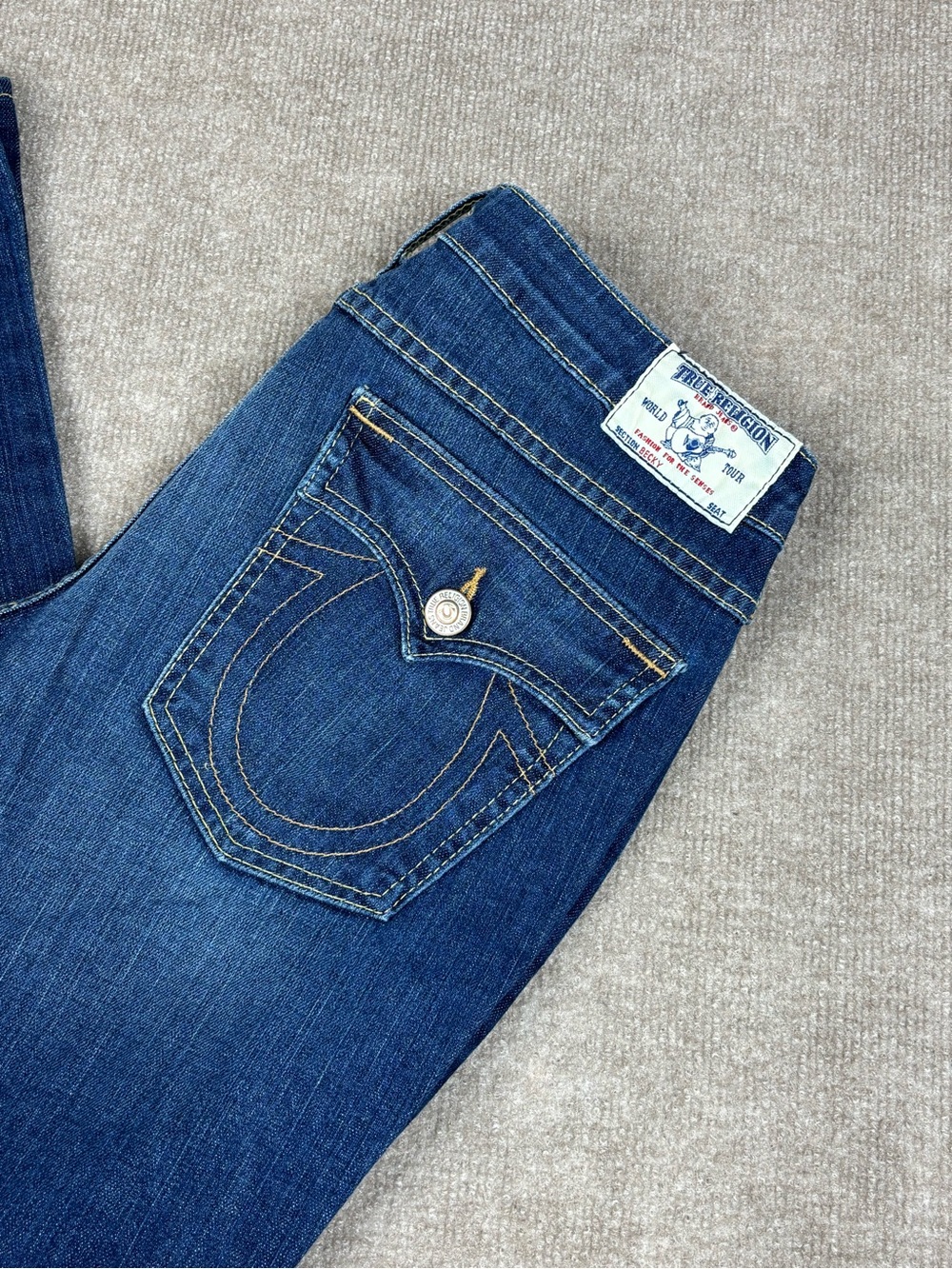 True Religion Becky Jeans Womens 31 Blue Denim Flap Pockets Stretch Bootcut Leg